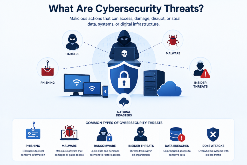 Cybersecurity Threats : Definition, Types &Amp; Examples Explained 2 Cybersecurity threats including hackers, malware, phishing, insider threats, and data breaches