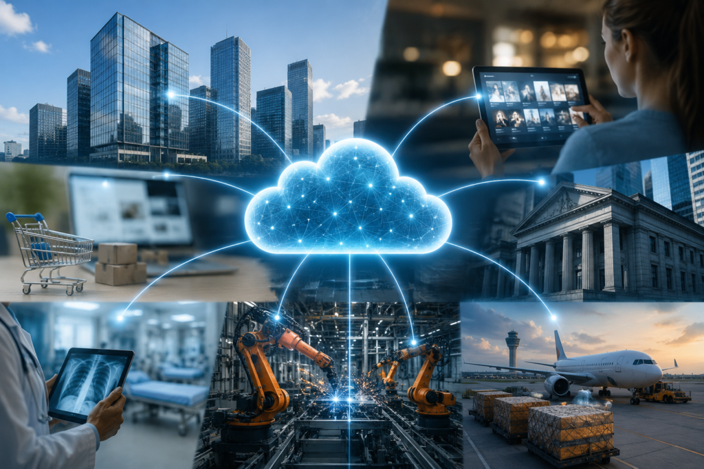 How Long Does Cloud Migration Take? Real-World Examples Explained 2 Generated image Futuristic cloud network and cityscapes 1