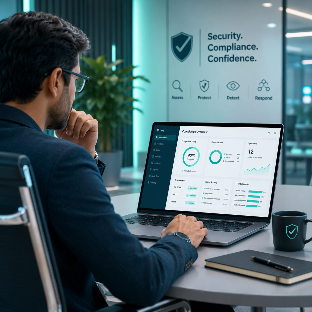 IT professional reviewing a compliance dashboard showing ISO 27001, SOC 2, and GDPR status on a laptop in a modern office