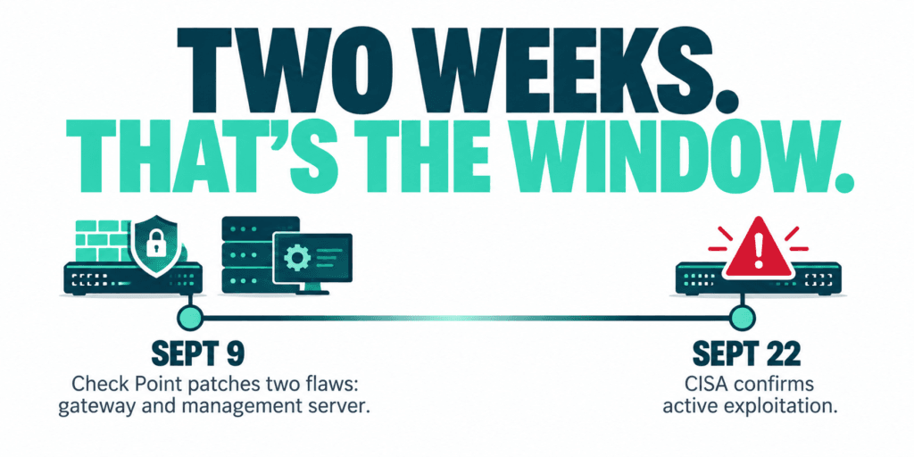 Timeline showing Check Point's two September 9 patches, gateway and management server, confirmed under active exploitation by CISA September 22.
