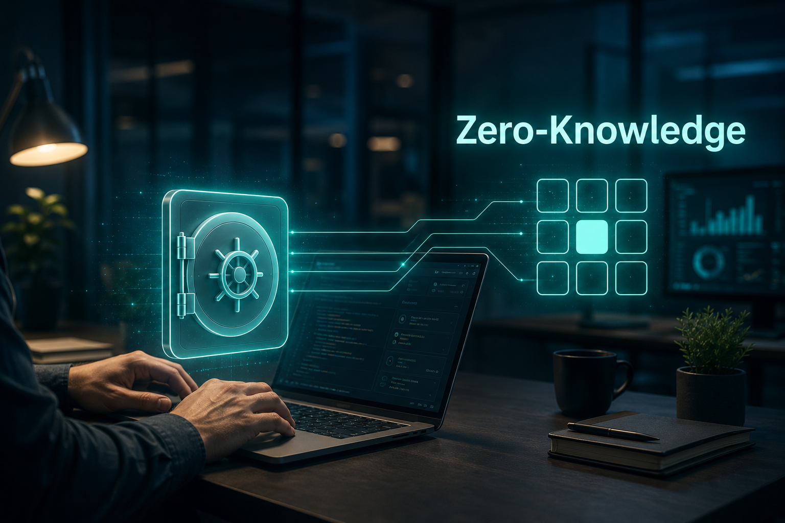 Home 37 Digital vault and access control icons overlaid on a laptop, representing zero-knowledge password management for businesses.