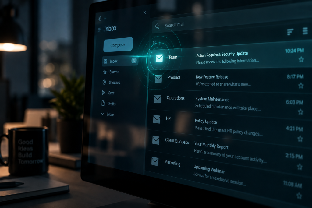 Critical September 2026 Patch Tuesday: What Smbs Need To Know 3 Email inbox on a monitor with a glowing pulse effect on one message, representing a zero-click Outlook vulnerability