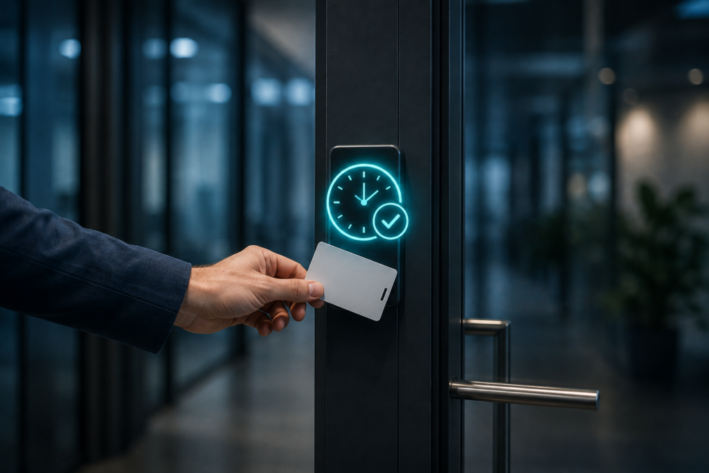 What Actually Makes A Password Manager &Quot;Enterprise-Grade&Quot;? 3 Hand badging an access card at a secure office door, with a glowing clock and checkmark icon representing time-bound access.
