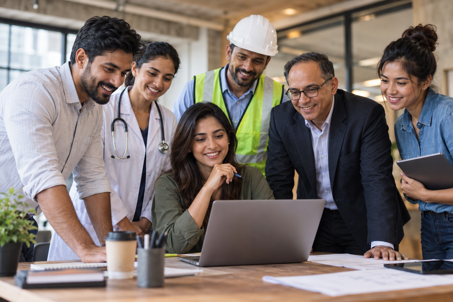 Diverse group of professionals from different industries, including business, healthcare, and skilled trades, representing Pexo's IT partnership across sectors.