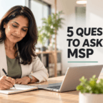 Business owner reviewing the 5 questions to ask your MSP about security at her workplace desk