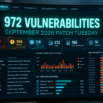 Security dashboard filled with alert data and the text "972 Vulnerabilities, September 2026 Patch Tuesday