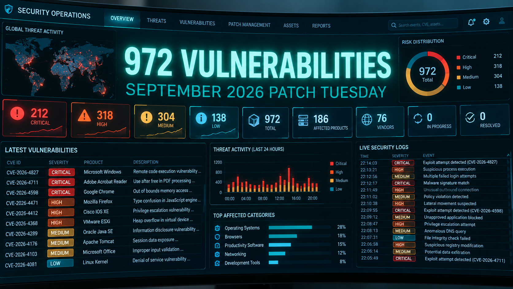 Security dashboard filled with alert data and the text "972 Vulnerabilities, September 2026 Patch Tuesday