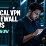 Critical firewall vulnerability alert, IT professional reviewing a VPN warning on a tablet in a server room.