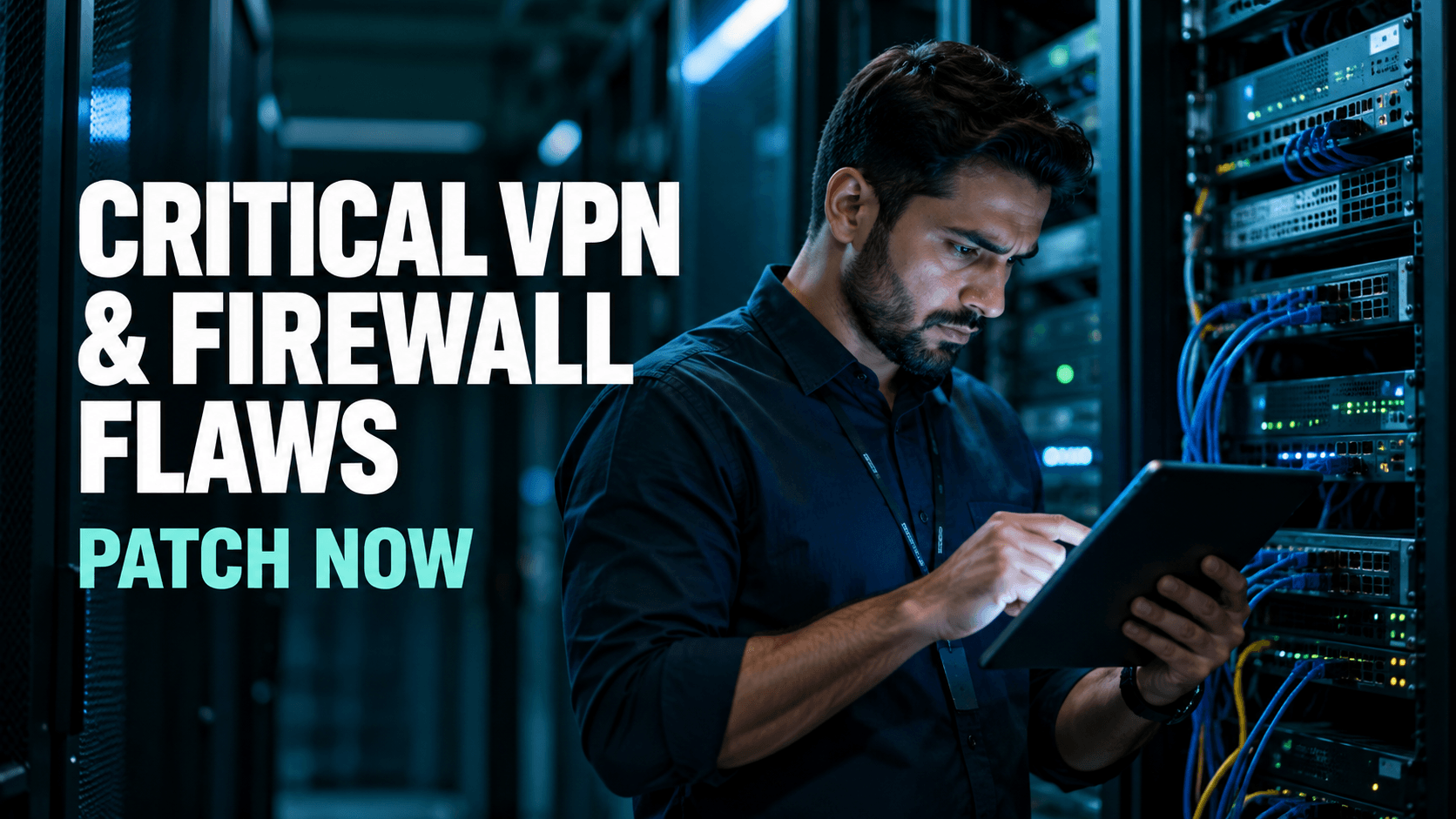 Home 37 Critical firewall vulnerability alert, IT professional reviewing a VPN warning on a tablet in a server room.