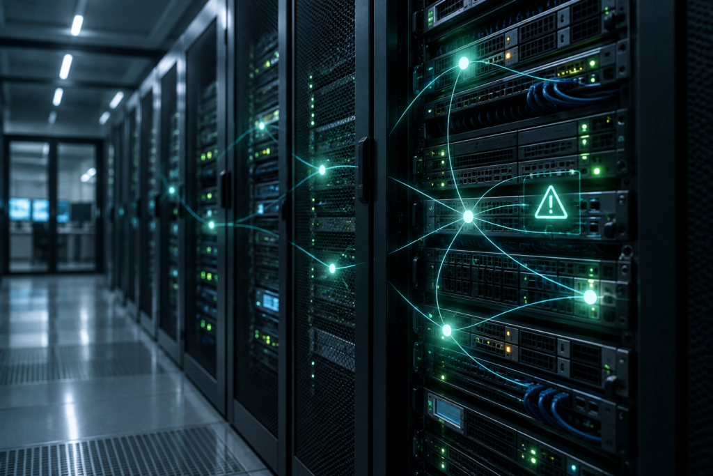 Critical September 2026 Patch Tuesday: What Smbs Need To Know 4 Server rack in a data center with glowing network connection lines, representing exposed Windows infrastructure services like DNS and Kerberos