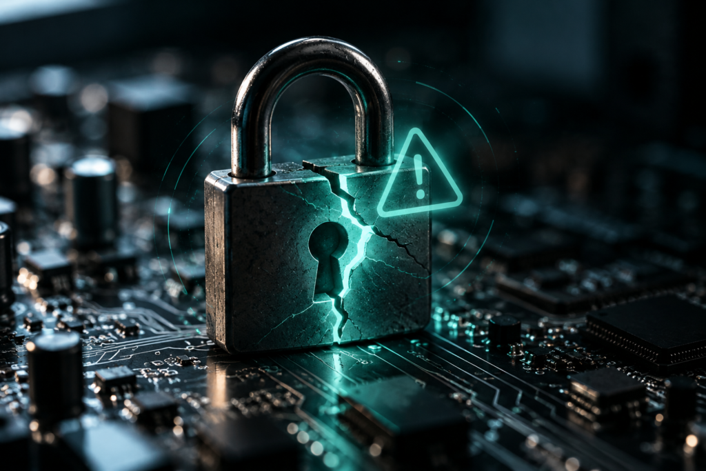 Critical September 2026 Patch Tuesday: What Smbs Need To Know 2 Padlock on a circuit board with a glowing warning effect, representing an actively exploited Windows zero-day vulnerability