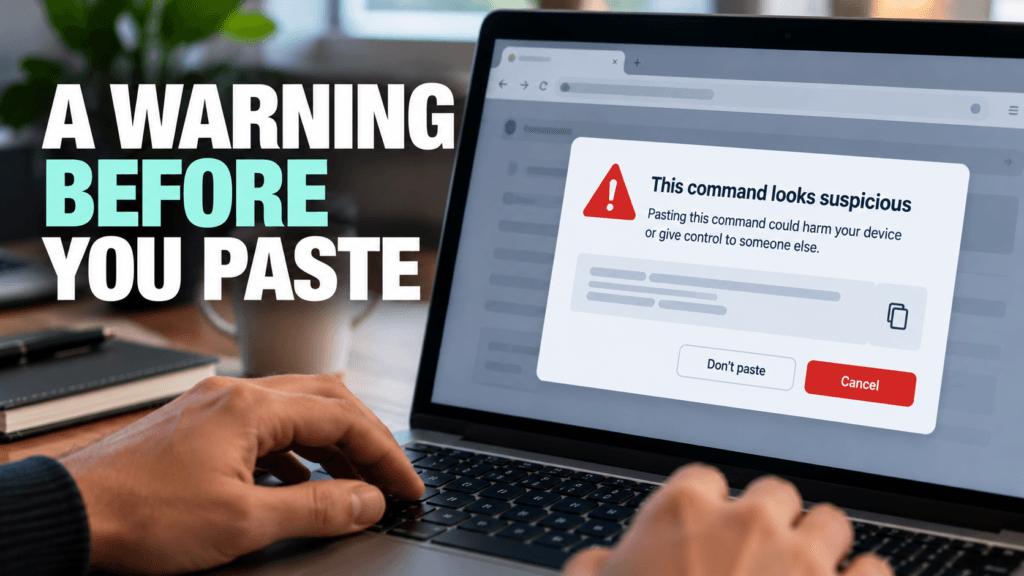 Browser warning appearing after a suspicious command is copied
