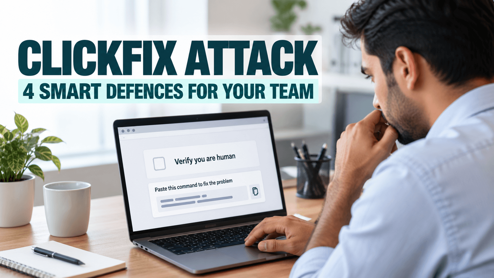 Employee looking at a fake verification prompt, an example of a ClickFix attack.
