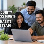 Small business team reviewing four security habits together during Cyber Security Awareness Month