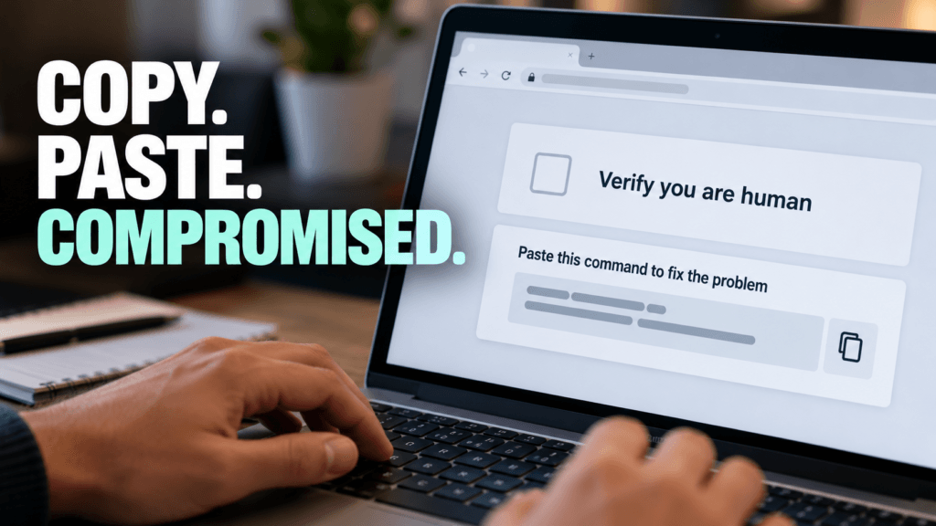 Laptop showing a fake web page that asks the visitor to copy and paste a command