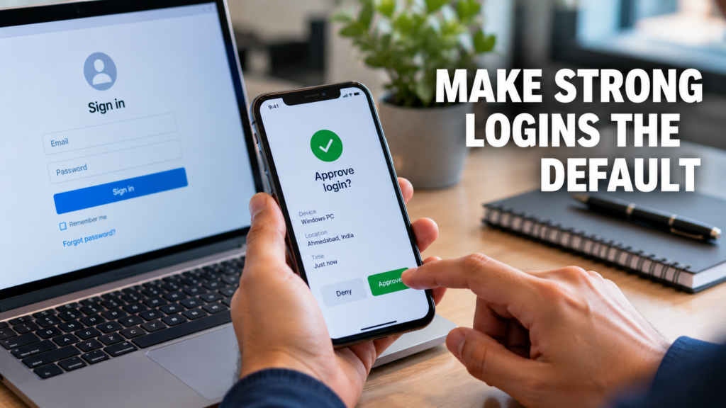 Phone showing a multi-factor authentication approval prompt beside a laptop login screen