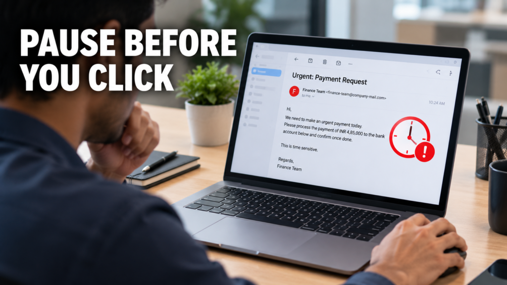 Employee pausing before clicking a suspicious email during Cyber Security Awareness Month