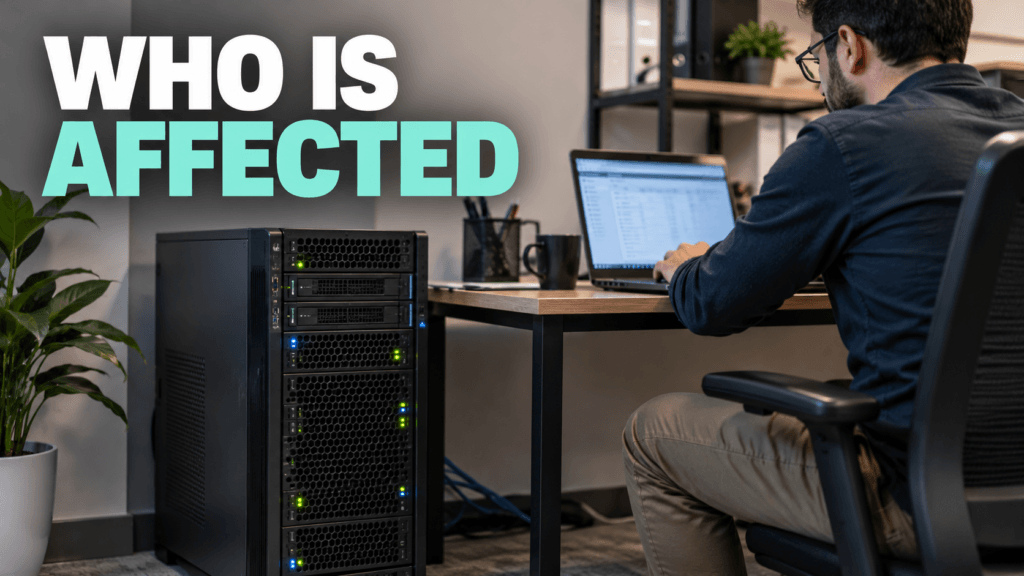 Tower server beside a desk in a small office