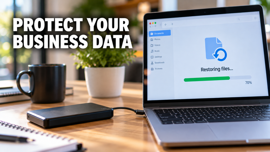 External backup drive connected to a laptop showing a restore in progress