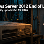 Windows Server 2012 end of life date of October 13, 2026 shown on a torn calendar page beside an aging server