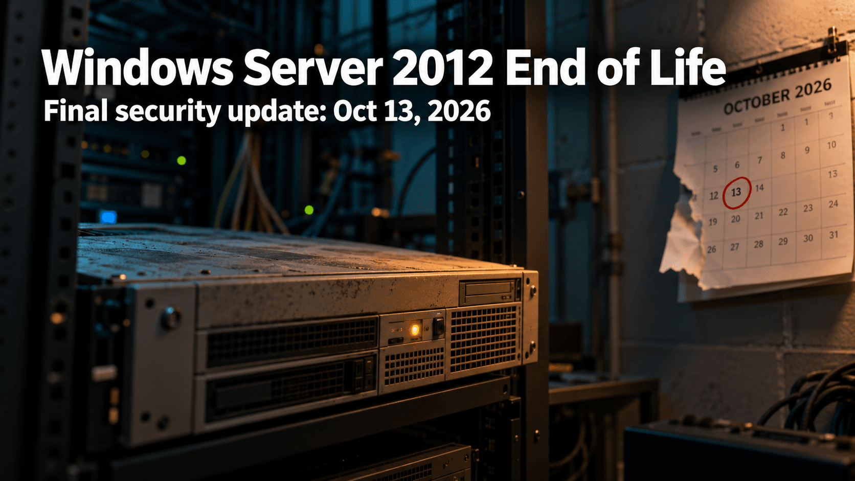 Windows Server 2012 end of life date of October 13, 2026 shown on a torn calendar page beside an aging server